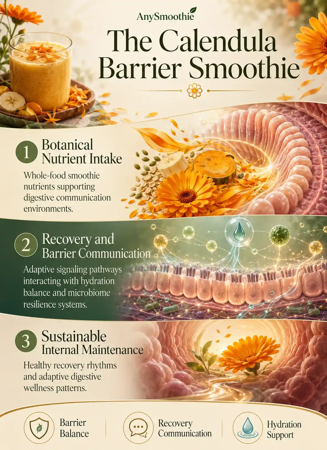 Calendula recovery smoothie infographic illustrating internal barrier resilience, digestive communication environments, hydration support pathways, and botanical wellness nutrition with premium cinematic editorial design.