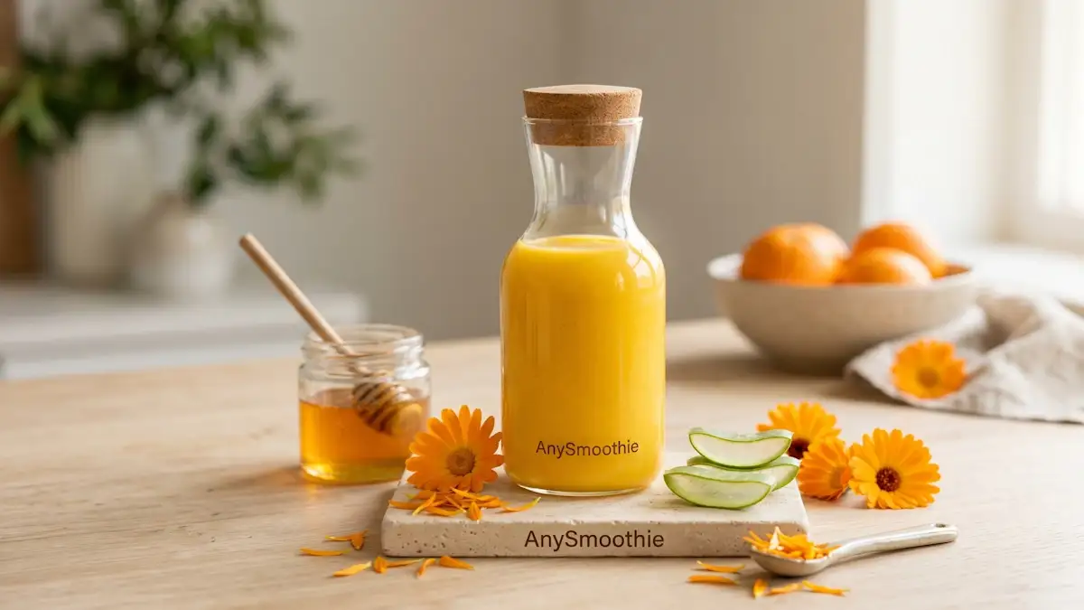 A clinical, minimalist shot of a sun-colored calendula recovery smoothie in a glass carafe with the AnySmoothie logo, styled with fresh calendula petals, aloe vera, and honey on a travertine coaster to support physiological systems.