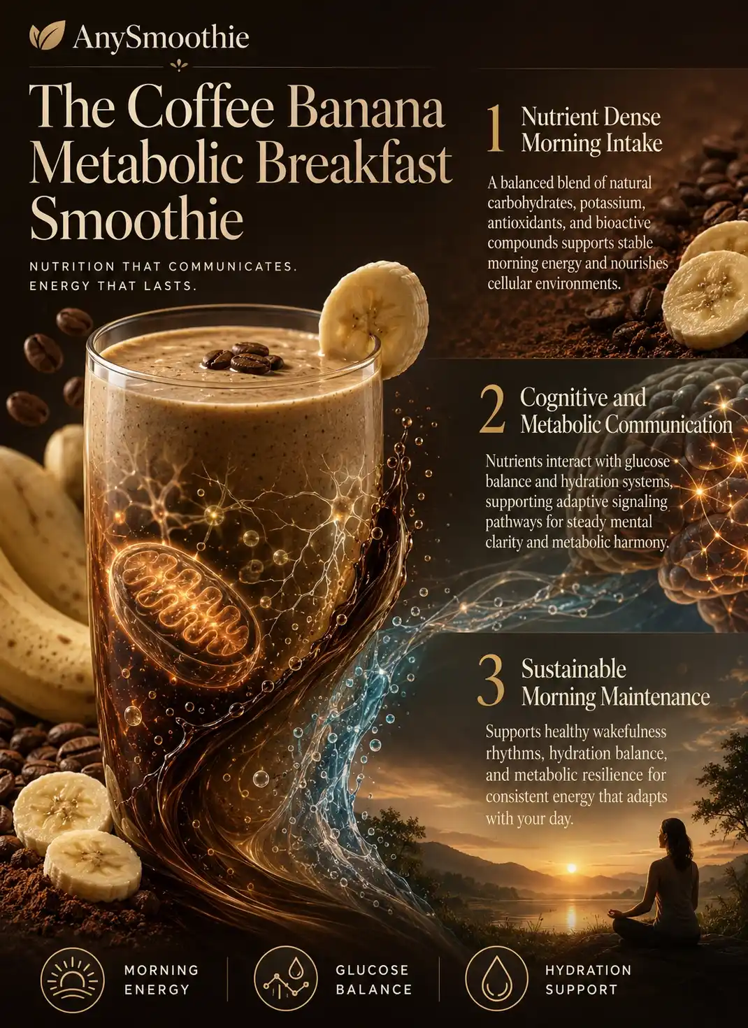 Premium wellness-science infographic for AnySmoothie featuring a coffee banana metabolic breakfast smoothie with cinematic espresso textures, hydration support visuals, glucose balance pathways, and sustainable morning energy communication systems.
