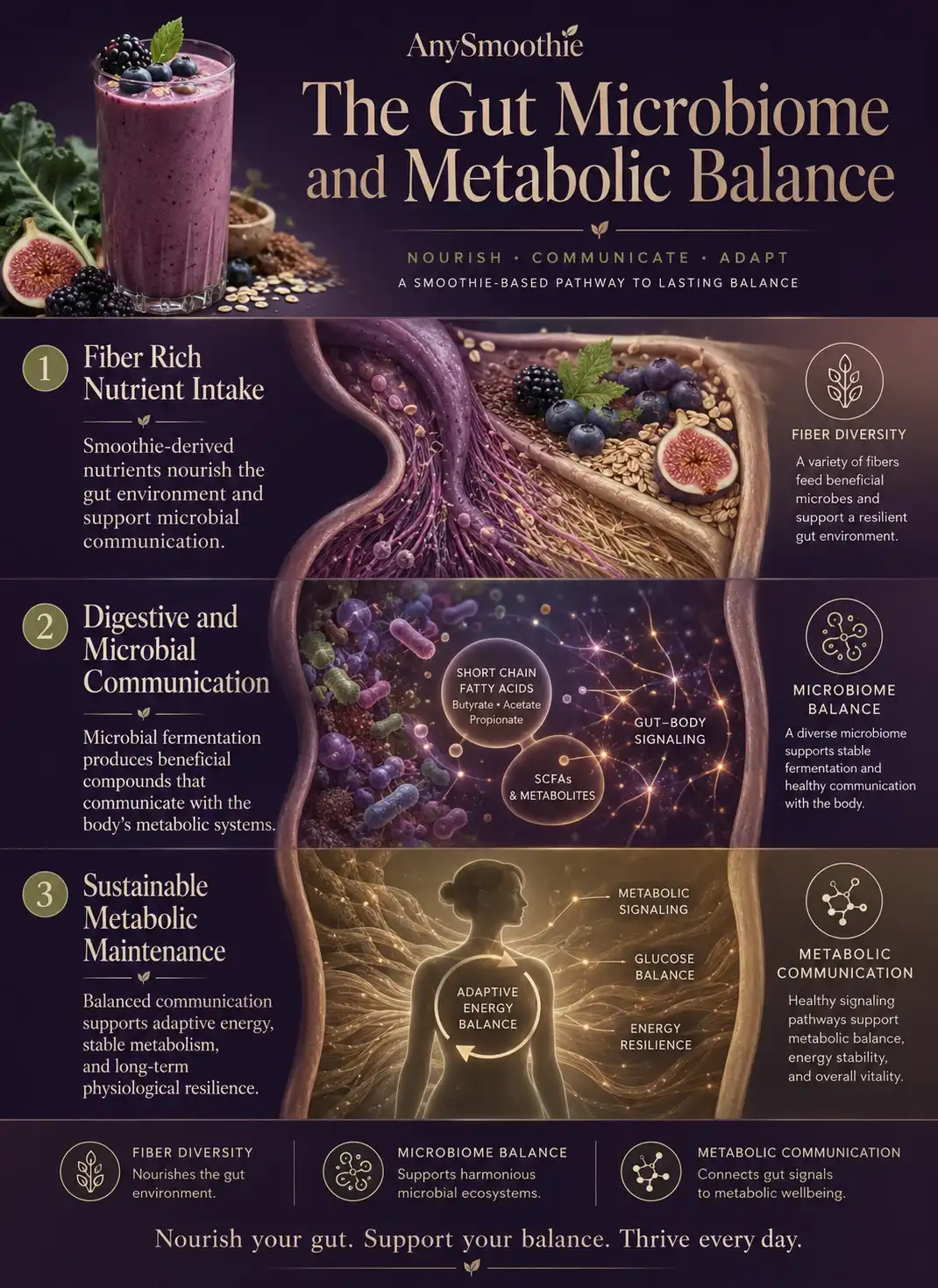 Premium wellness science infographic showing how delicious smoothies for weight loss support gut microbiome balance, digestive communication, fiber diversity, and sustainable metabolic health through smoothie-based nutrition patterns.