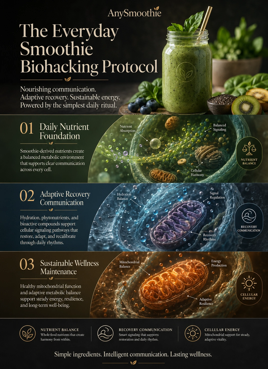 Premium wellness science infographic showing the easy smoothie biohacking ultimate home protocol with metabolic balance, adaptive recovery communication, cellular energy support, nutrient-rich green smoothie ingredients, and realistic intracellular wellness visualization.