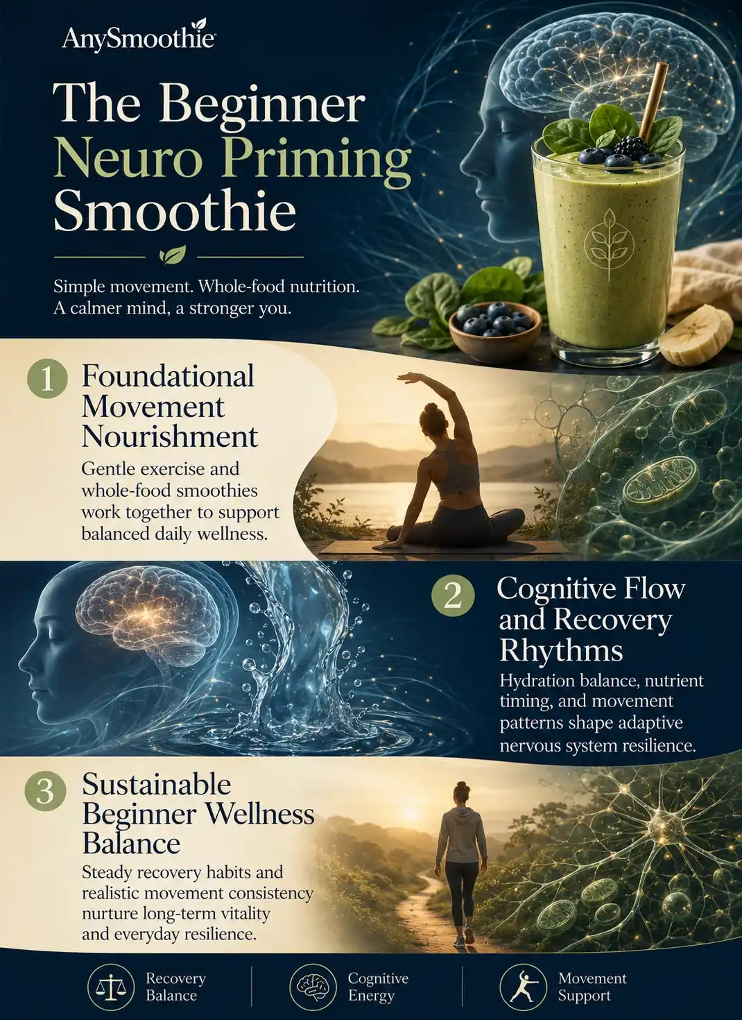 Premium wellness-science editorial infographic titled “The Beginner Neuro Priming Smoothie” showing exercise routines for beginners neuro priming smoothie concepts with gentle movement patterns, hydration balance, cognitive wellness environments, adaptive recovery rhythms, calm neuro-inspired biological visuals, and sustainable whole-food wellness support.