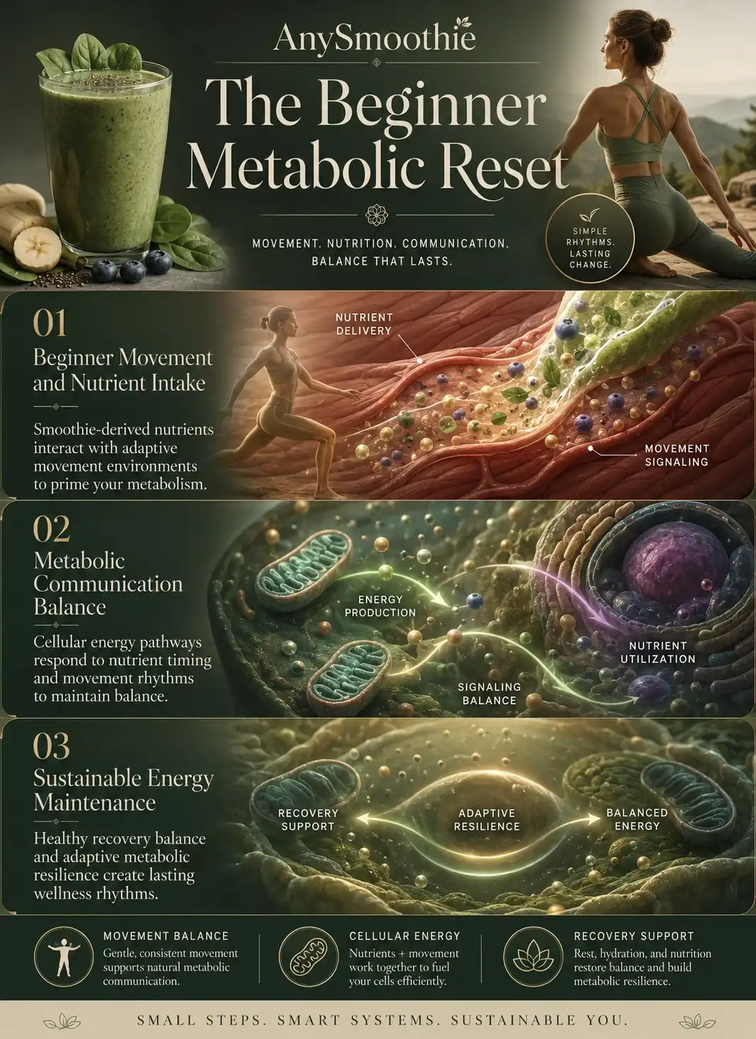 Premium wellness infographic illustrating fitness for beginners metabolic reset smoothie concepts with beginner-friendly movement routines, metabolic communication pathways, mitochondrial energy balance, smoothie-based nutrition support, and sustainable recovery environments in a cinematic wellness-science editorial design.