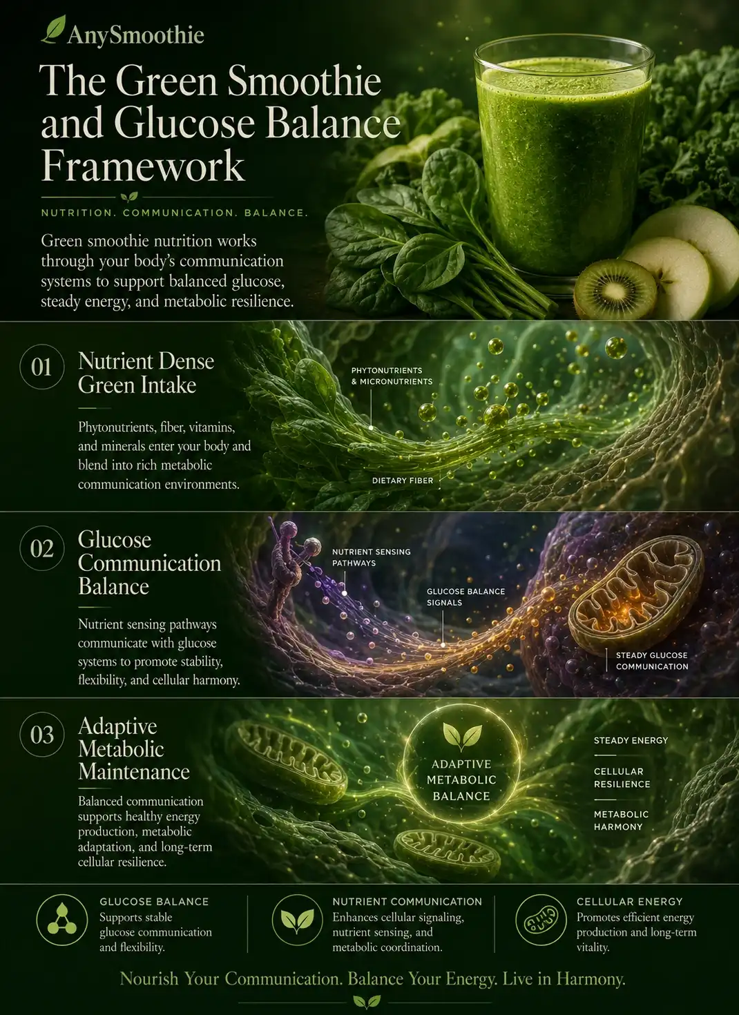 Premium wellness-science infographic showing green smoothie benefits for matrix glucose modulation, nutrient communication pathways, glucose balance signaling, adaptive metabolic maintenance, intracellular biological environments, and cellular energy systems with cinematic green botanical textures.