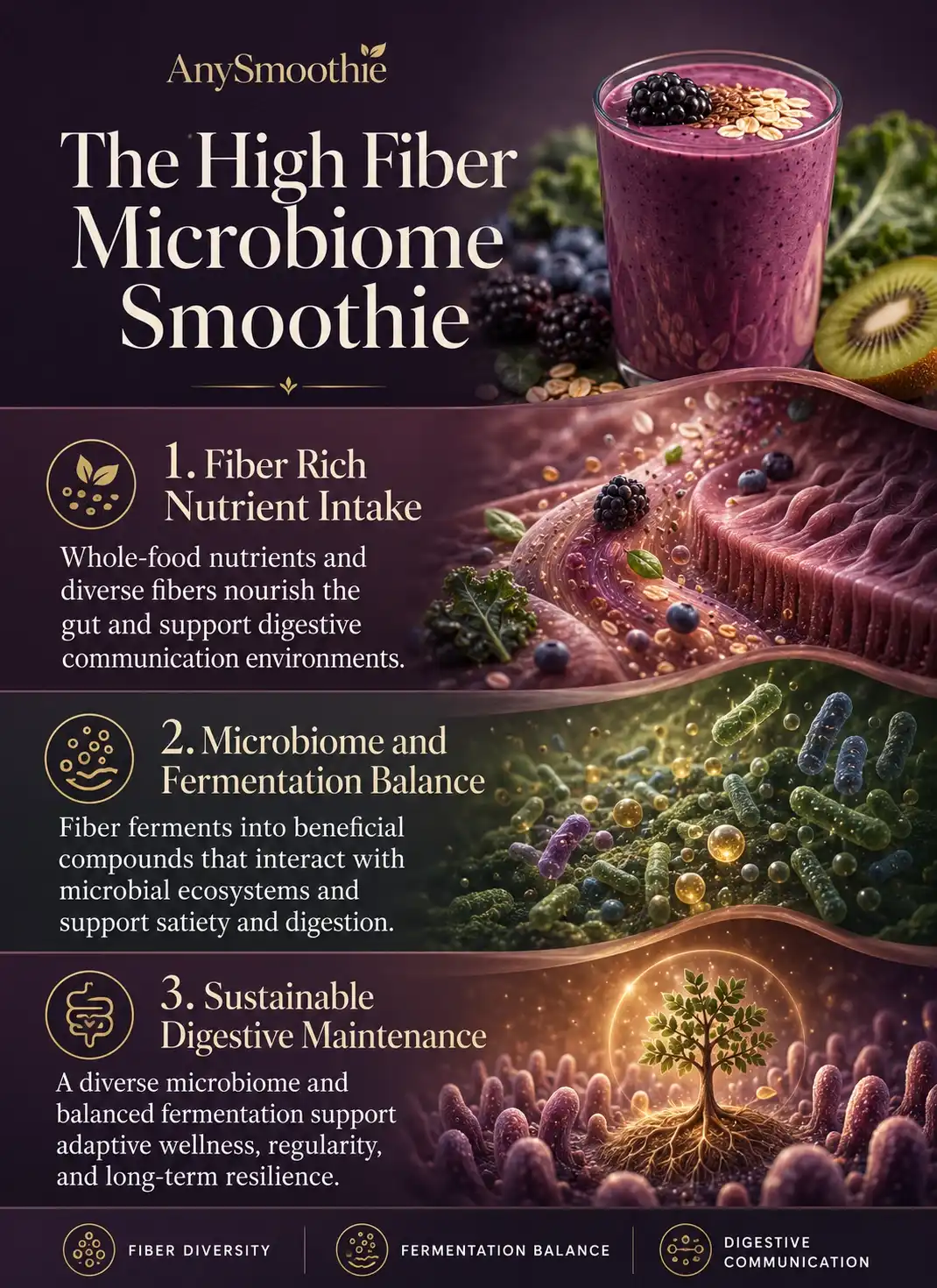 Premium wellness-science infographic titled “The High Fiber Microbiome Smoothie” illustrating microbiome priming, fiber-rich smoothie nutrition, digestive fermentation balance, adaptive gut communication systems, and sustainable digestive wellness using cinematic biological editorial design.