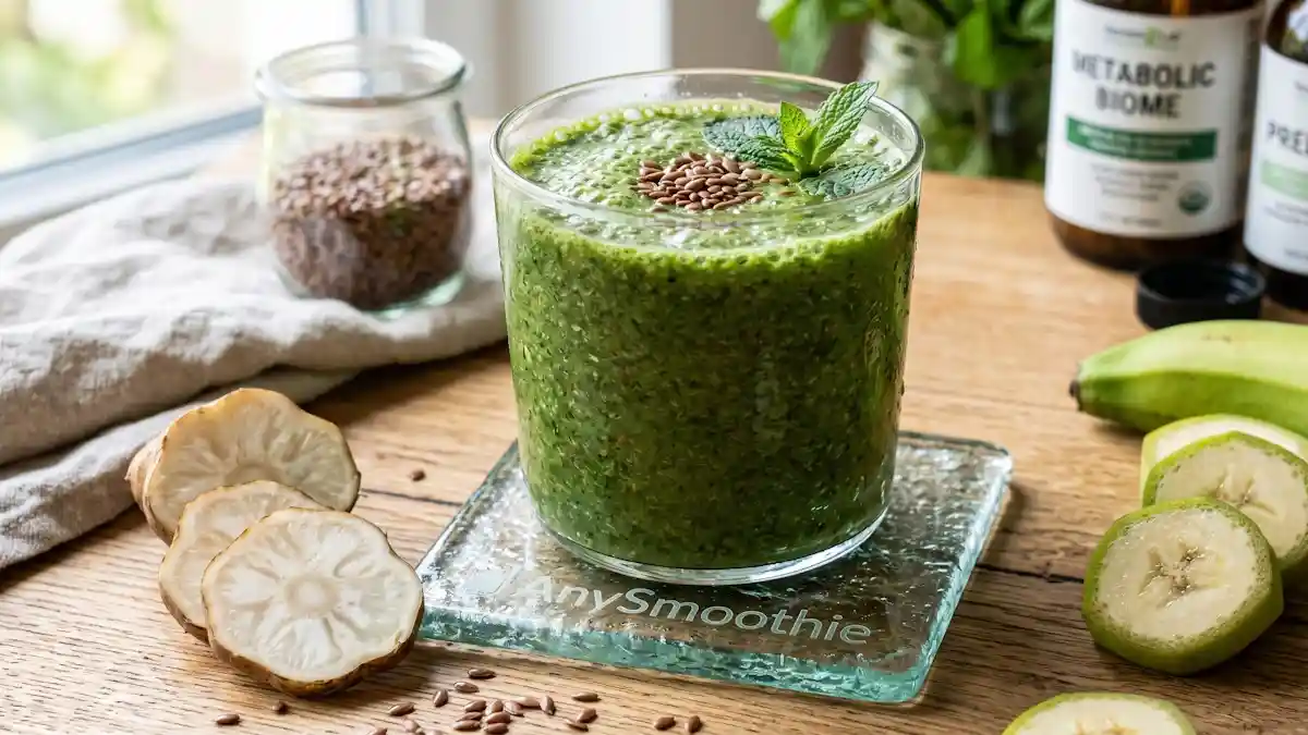 Macro shot of a textured green smoothie featuring AnySmoothie logo, Jerusalem artichoke, and green banana, formulated as a high fiber smoothie for microbiome driven lipolysis.