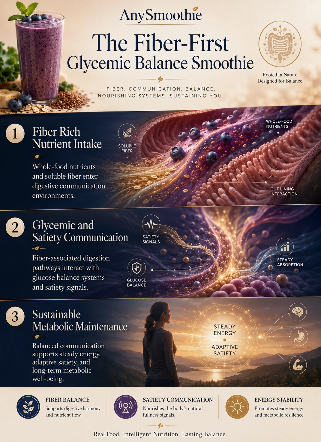 Premium wellness-science infographic titled “The Fiber-First Glycemic Balance Smoothie” by AnySmoothie illustrating how fiber-rich smoothie nutrition supports digestive balance, satiety communication, stable energy rhythms, and adaptive metabolic wellness. Features cinematic digestive-inspired biological environments, soluble fiber pathways, glucose balance visuals, and sustainable metabolic maintenance concepts connected to the topic “how many carbs fiber first weight loss smoothie”.
