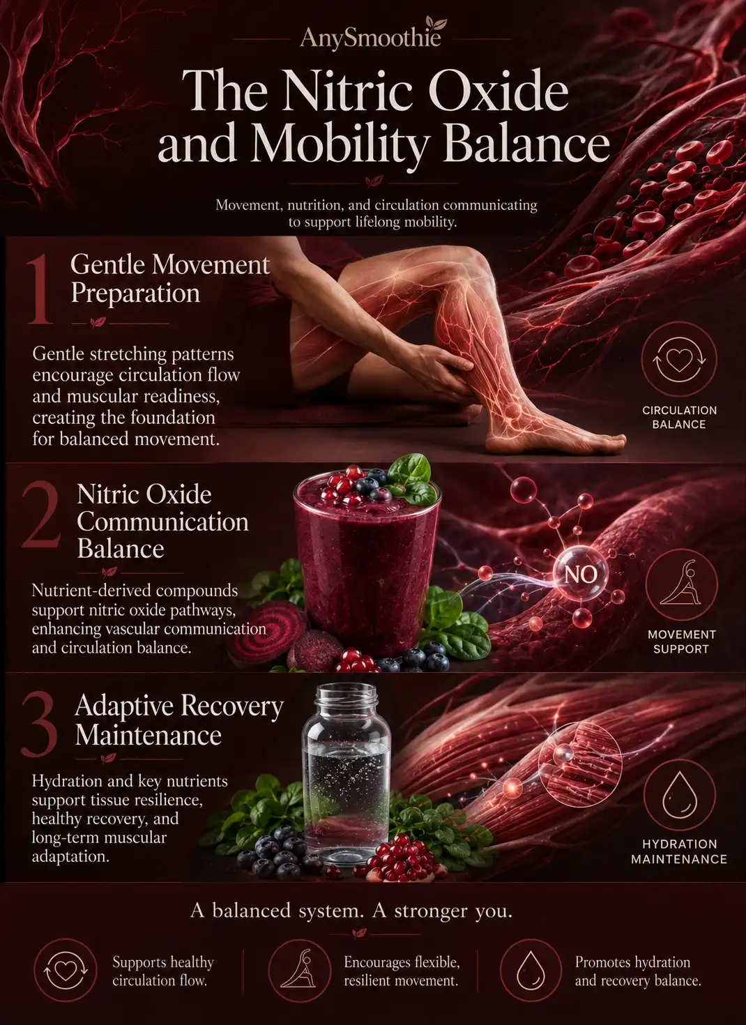 Premium wellness-science infographic showing leg stretching routines, nitric oxide smoothie nutrition patterns, circulation balance systems, hydration support, and adaptive muscular recovery environments with deep beet-red cinematic biological visuals.