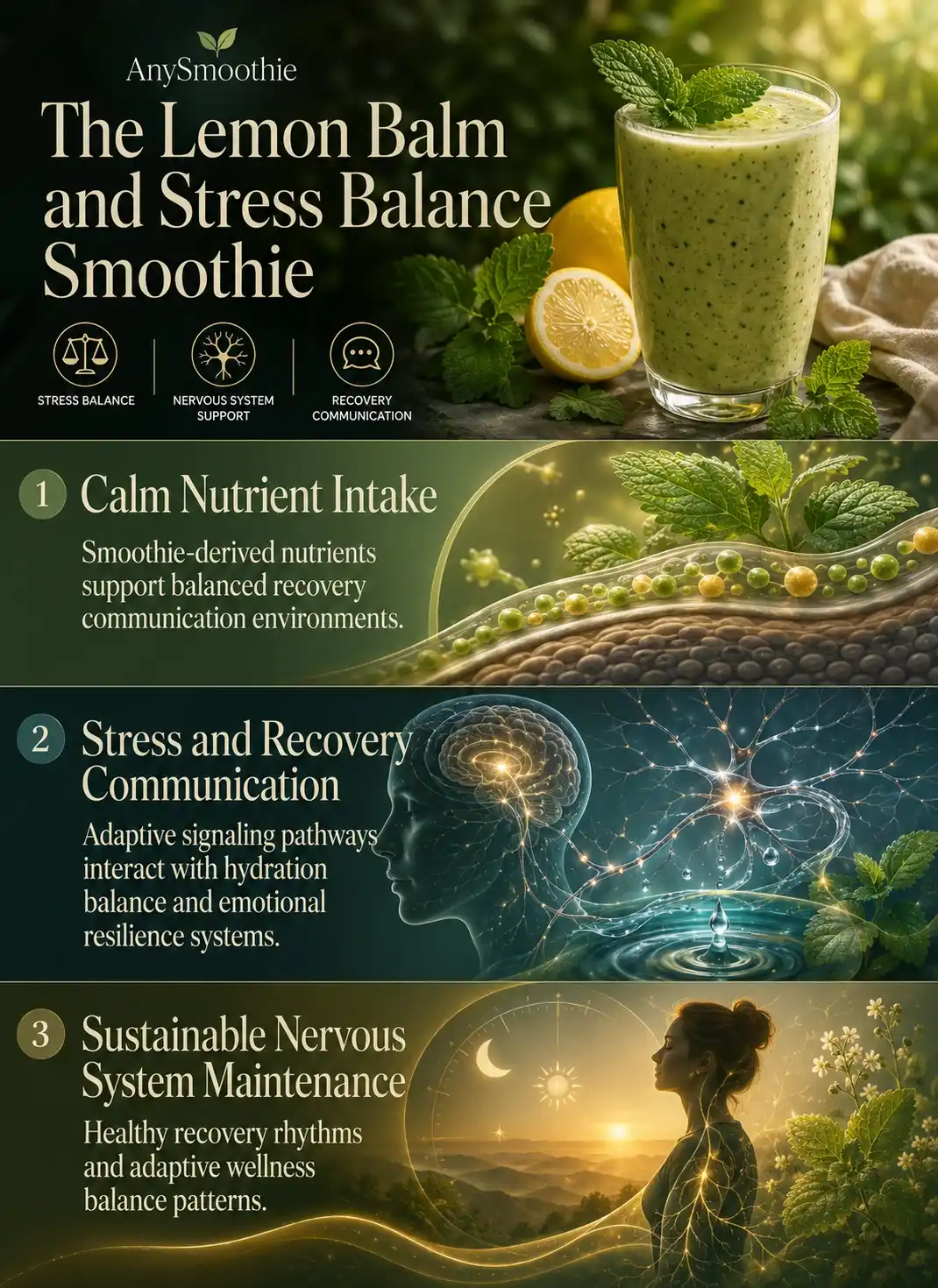 Premium wellness-science infographic for AnySmoothie titled “The Lemon Balm and Stress Balance Smoothie” illustrating lemon balm cortisol support smoothie nutrition patterns, nervous system recovery communication, hydration balance pathways, emotional resilience support, and adaptive stress recovery environments with cinematic botanical neuroscience visuals.