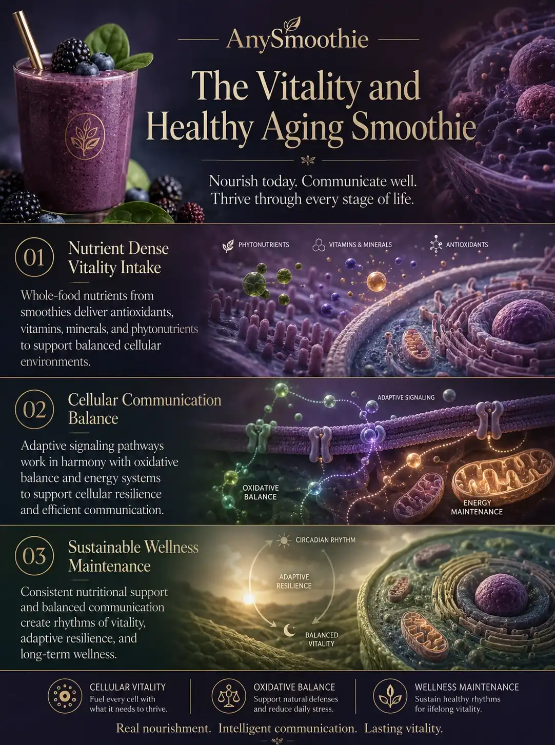 Premium wellness-science infographic for AnySmoothie titled “The Vitality and Healthy Aging Smoothie” illustrating cellular vitality, oxidative balance, adaptive wellness maintenance, and smoothie-based nutrition patterns supporting healthy aging and sustainable vitality.