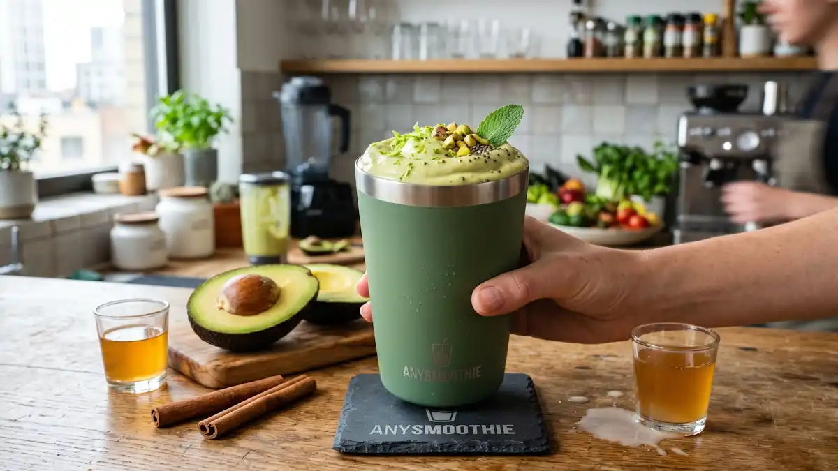 A high-end, realistic shot of a thick avocado metabolic buffer smoothie in a modern tumbler with a laser-etched AnySmoothie logo, surrounded by cinnamon sticks and apple cider vinegar in an urban kitchen setting.