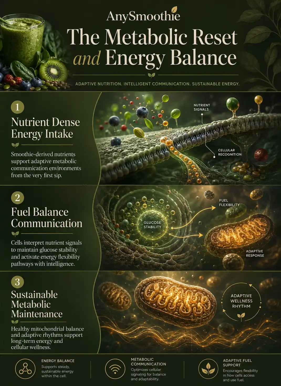 Premium wellness-science infographic showing a metabolism reset fat burning support smoothie concept with metabolic communication pathways, adaptive fuel balance systems, nutrient signaling environments, and sustainable cellular energy balance visuals.