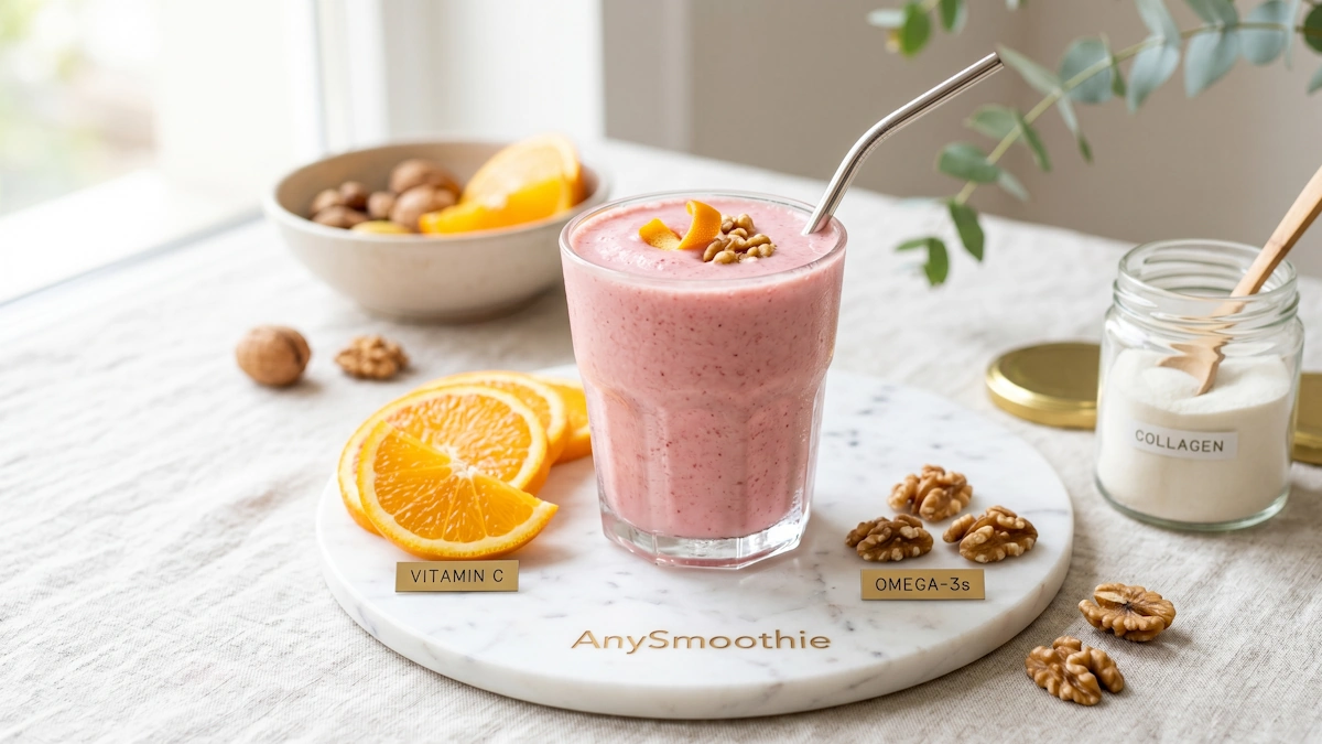 "AnySmoothie nutrient-support smoothie for skin elasticity in a textured glass on a marble coaster, featuring fresh orange slices, walnuts, and a jar of collagen powder in a bright, minimalist setting."