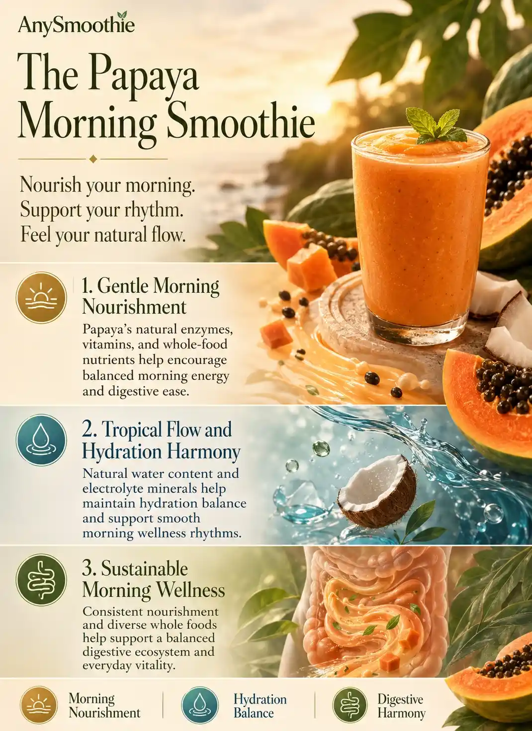 Premium wellness-science infographic showing a papaya smoothie recipe for easy mornings with tropical hydration balance, digestive harmony visuals, and cinematic morning nourishment storytelling.