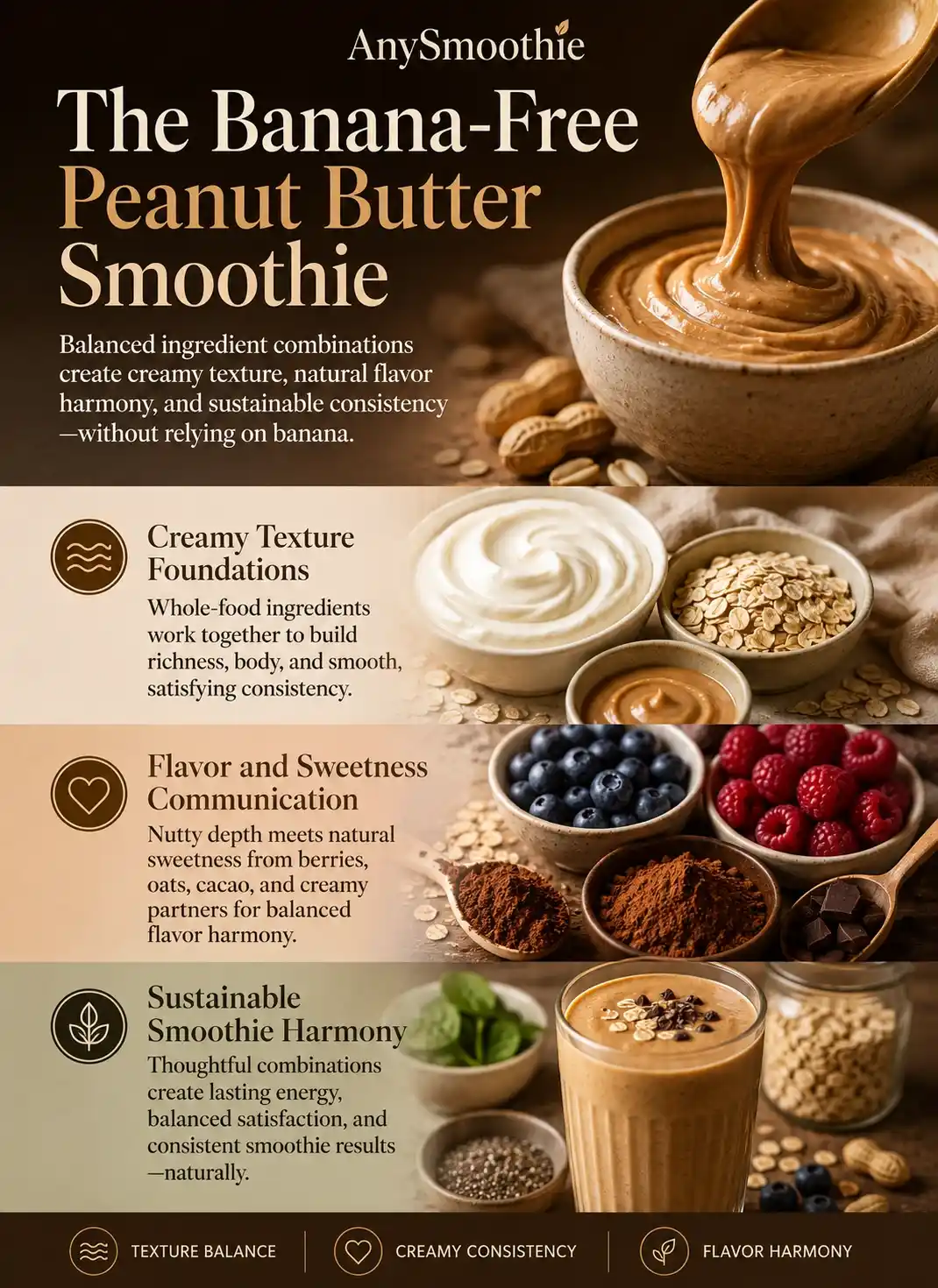 Premium wellness infographic for a peanut butter smoothie without banana featuring creamy texture foundations, flavor harmony with oats cacao and berries, and sustainable smoothie consistency in a cinematic editorial design.