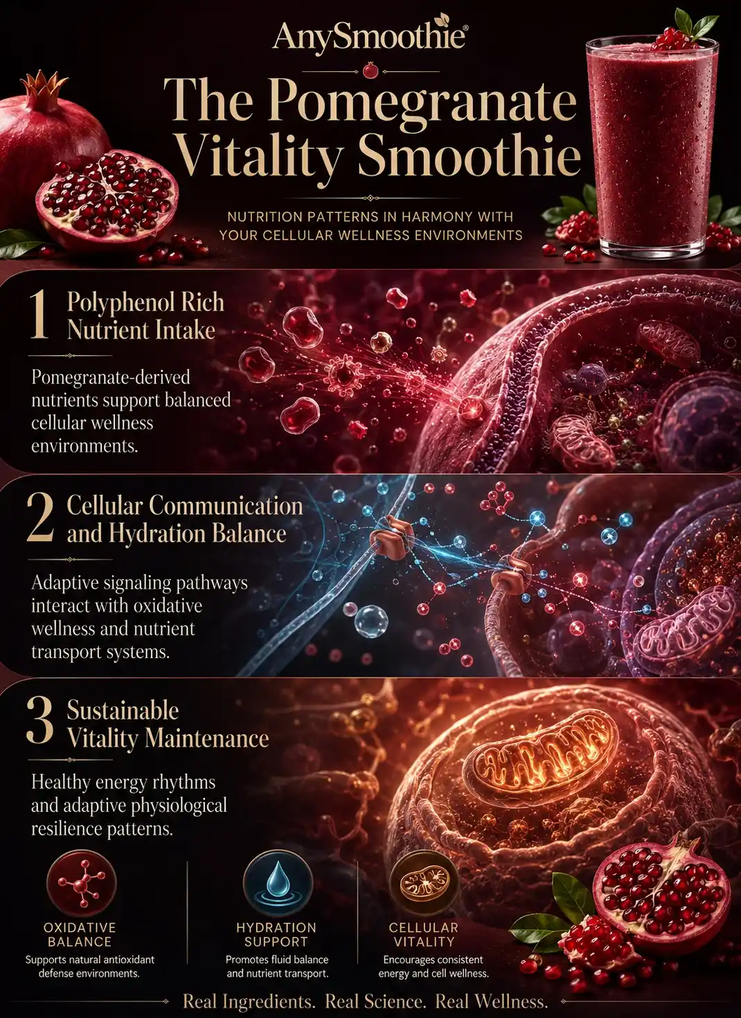 Premium wellness-science infographic for AnySmoothie featuring the Pomegranate Vitality Smoothie with cinematic intracellular visuals, hydration balance pathways, antioxidant-inspired cellular environments, and adaptive vitality wellness communication systems in deep ruby-red editorial design.