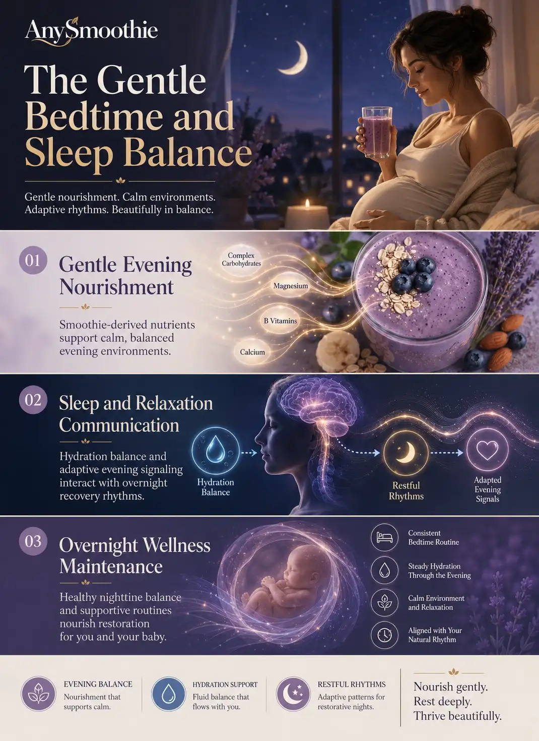 Premium wellness-science infographic illustrating pregnancy sleep support through a gentle bedtime smoothie routine, featuring calming evening nourishment, hydration balance, restful nighttime rhythms, and adaptive overnight wellness environments in elegant cinematic lavender tones.