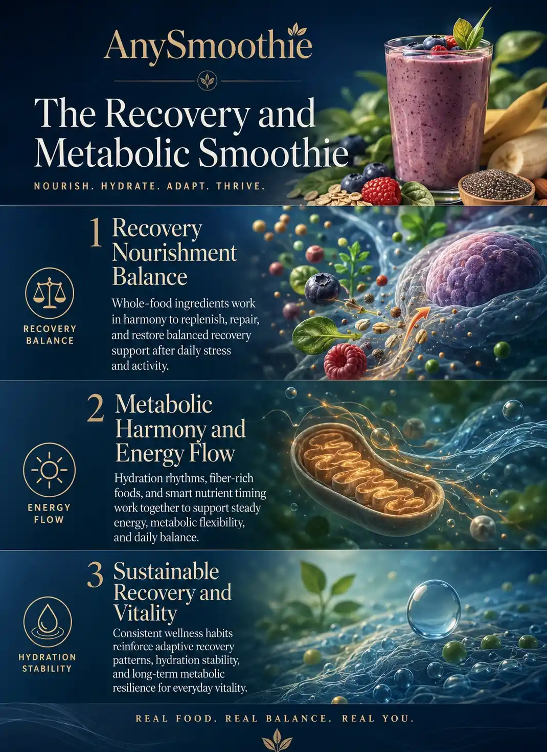 Premium wellness-science infographic showing recovery smoothies for metabolic priming with hydration balance, adaptive energy flow, mitochondrial-inspired wellness visuals, and whole-food recovery nutrition.