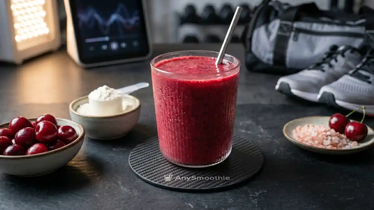 A ruby-red smoothie in a condensation-covered glass on an AnySmoothie carbon-fiber coaster, surrounded by fresh cherries, protein powder, and salt crystals, representing recovery smoothies for metabolic priming.