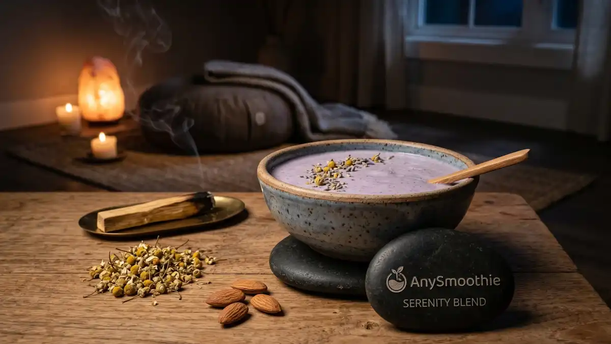 A pale lavender relaxation smoothie for nighttime meditation in a handcrafted ceramic bowl, placed on an AnySmoothie branded river-stone coaster with chamomile flowers, palo santo, and almonds in a zen low-light setting.