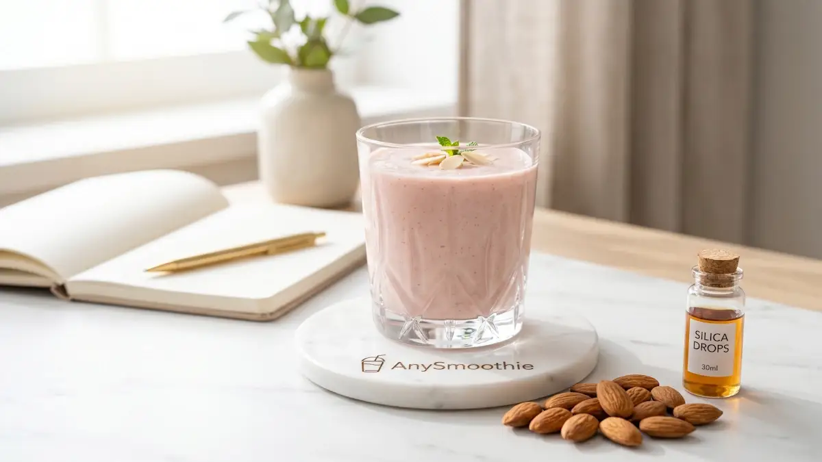 Elegant pale pink smoothie by AnySmoothie in a crystal glass on a white marble coaster, featuring almonds and silica drops to showcase a nutrient smoothie for resilient nails and structural protein support.