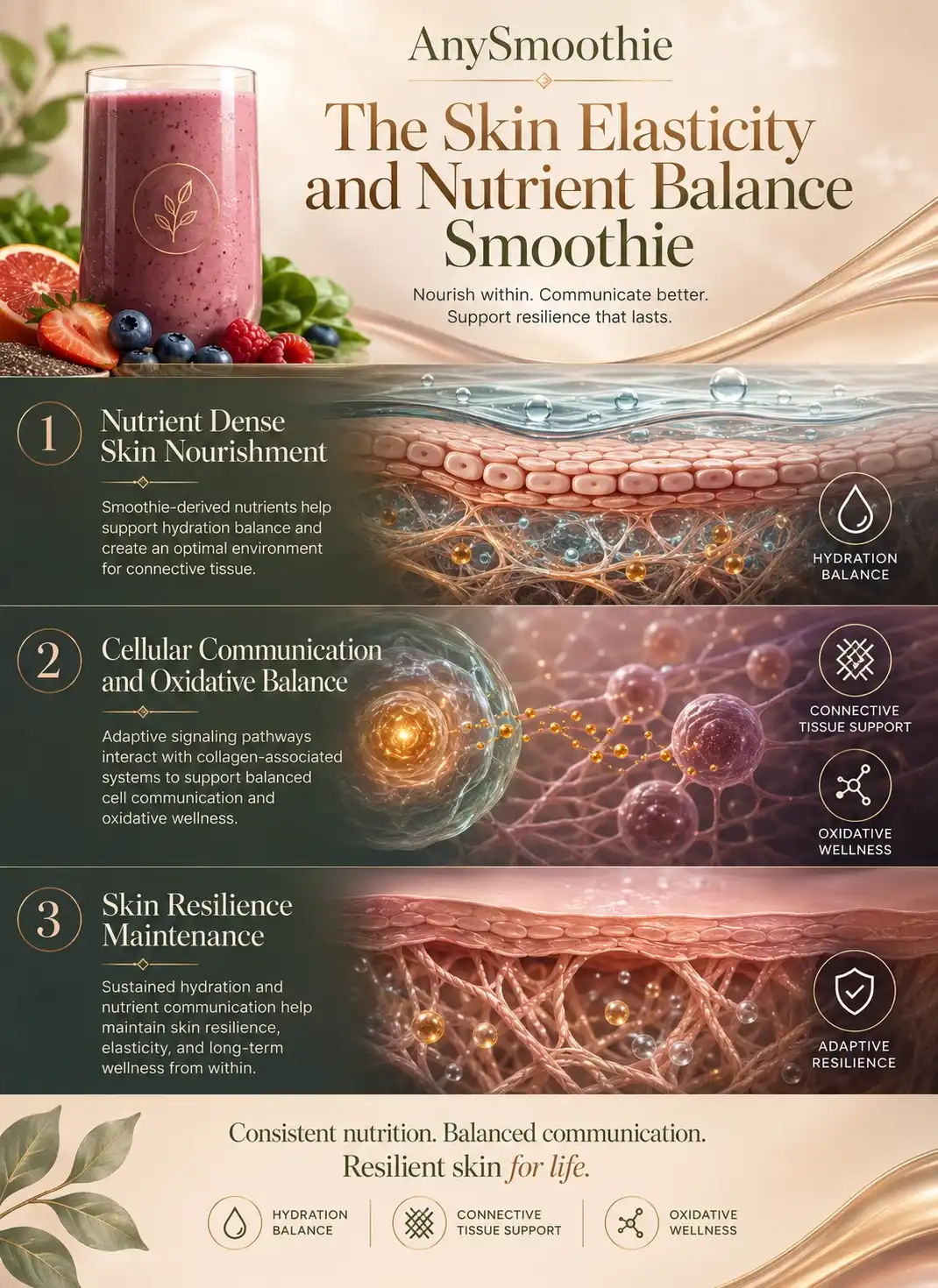 Premium wellness-science infographic for AnySmoothie featuring the Skin Elasticity and Nutrient Balance Smoothie with hydration balance visuals, connective tissue support environments, oxidative wellness pathways, and nutrient communication systems in a cinematic editorial design.