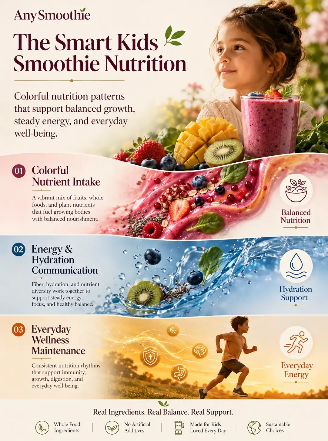 Smart nutrition easy healthy kids smoothie recipes infographic showing colorful fruit smoothies, balanced nutrition, hydration support, and sustainable daily energy for children in a premium wellness-science editorial design.
