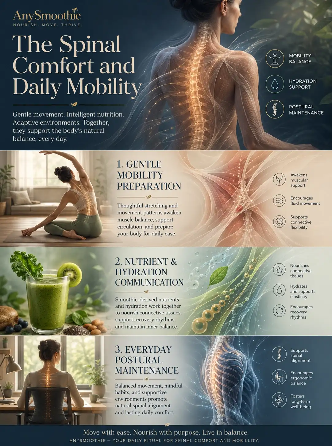 Premium wellness-science infographic showing spinal comfort home stretching smoothie guide with gentle mobility exercises, hydration-supportive smoothie nutrition, connective tissue balance, postural maintenance, and adaptive spinal mobility environments in an elegant cinematic editorial design.
