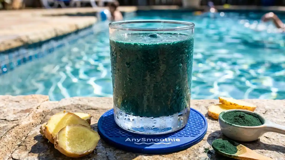 A deep-teal spirulina and ginger boost smoothie for aquatic fitness on a laser-etched AnySmoothie coaster by a sunlit swimming pool.