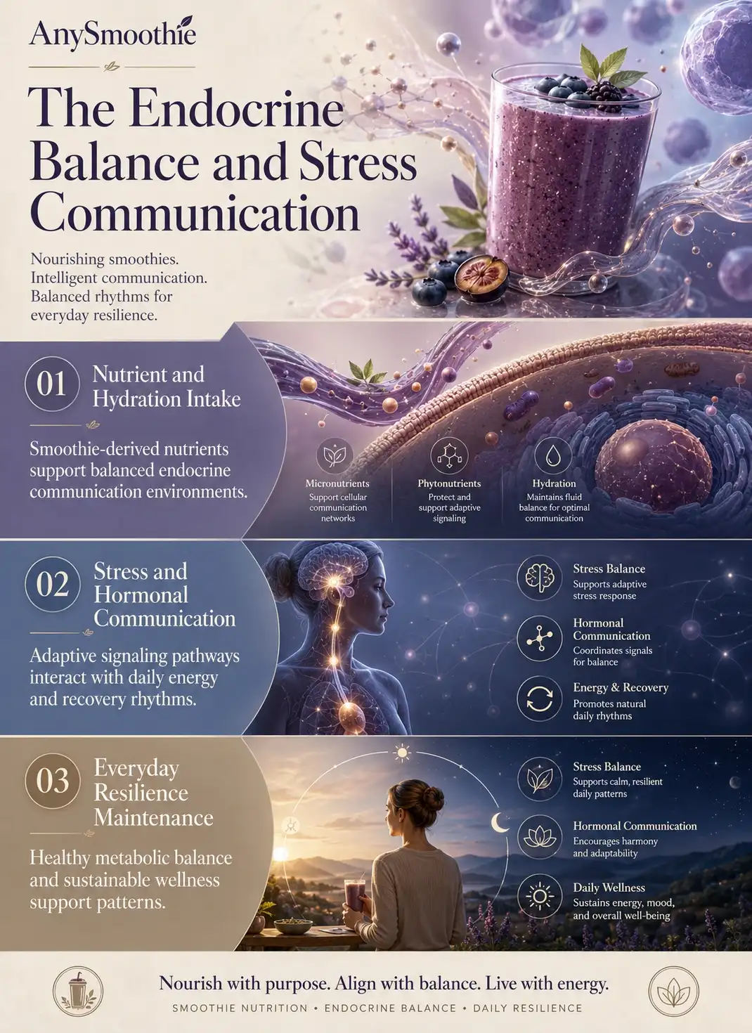 Premium wellness science infographic illustrating stress communication and endocrine balance smoothie concepts through endocrine-inspired biological pathways, adaptive stress signaling, nutrient hydration balance, hormonal communication systems, and sustainable daily wellness rhythms with cinematic lavender-blue editorial design.