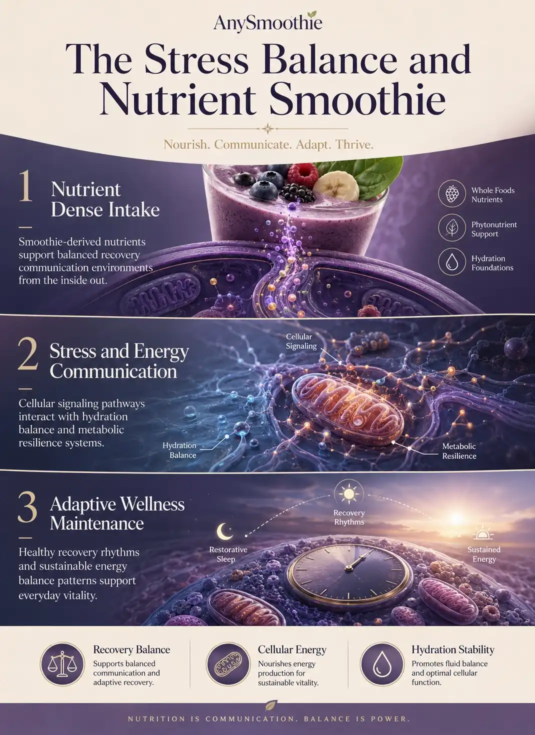 Premium wellness-science infographic showing a stress relief nutrient dense smoothie solution with cellular energy balance, hydration stability, recovery communication pathways, mitochondrial wellness visuals, and adaptive stress support systems in an elegant editorial biological design.