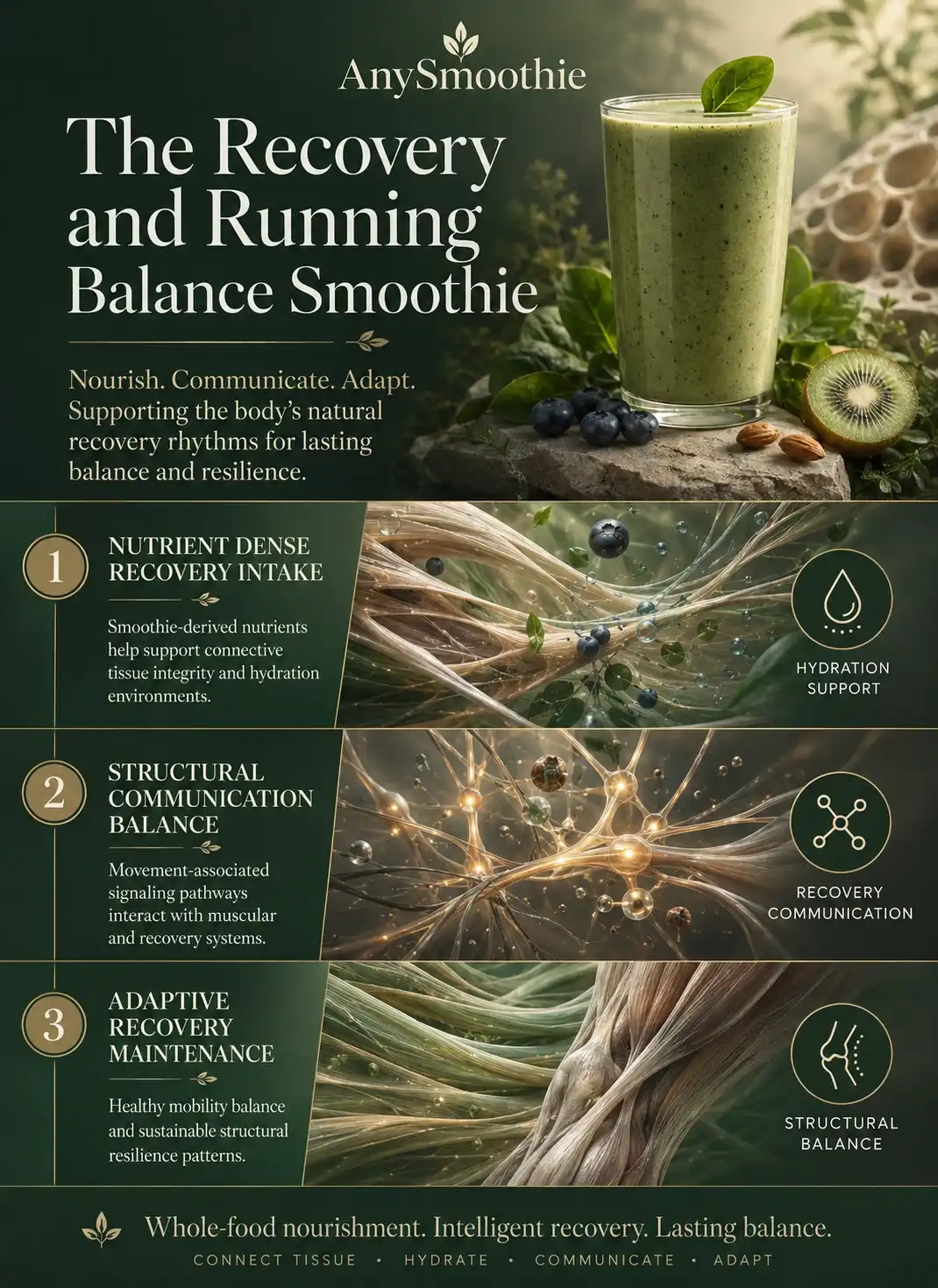 Premium wellness-science infographic for a structural smoothie active runners routine featuring connective tissue balance, hydration support, adaptive recovery communication, and musculoskeletal-inspired biological visuals in an elegant editorial design.