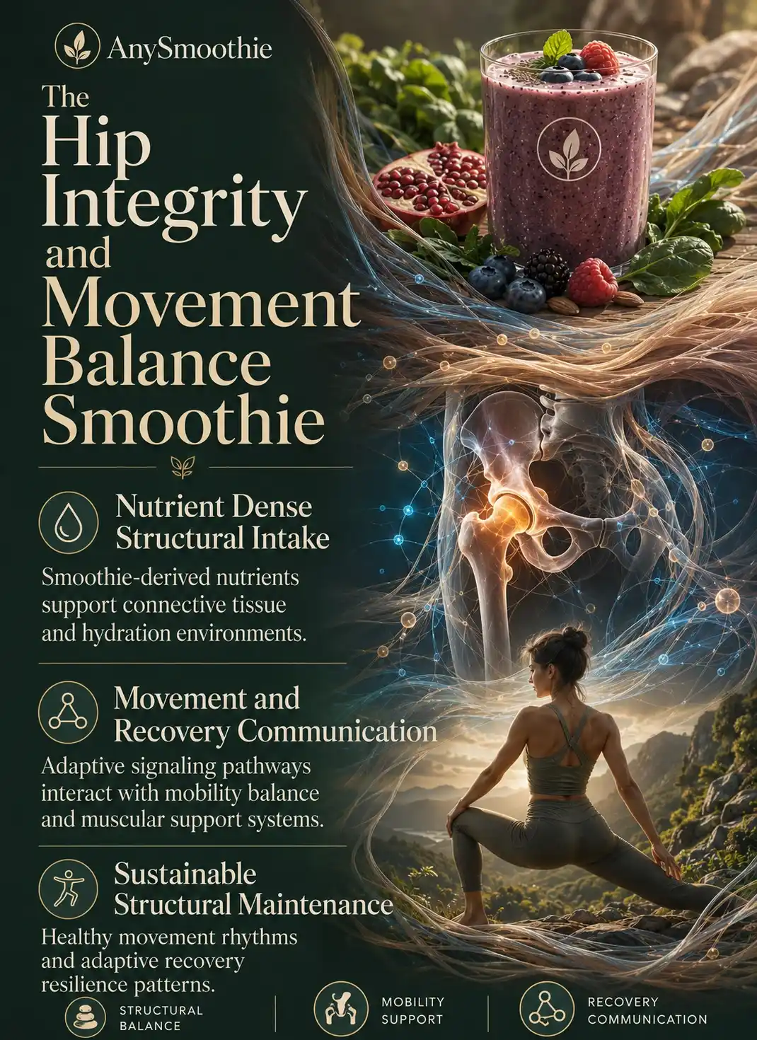 Premium wellness-science infographic for a support smoothie for hip integrity and movement featuring connective tissue hydration, adaptive mobility communication pathways, structural balance systems, and cinematic hip wellness recovery visuals.