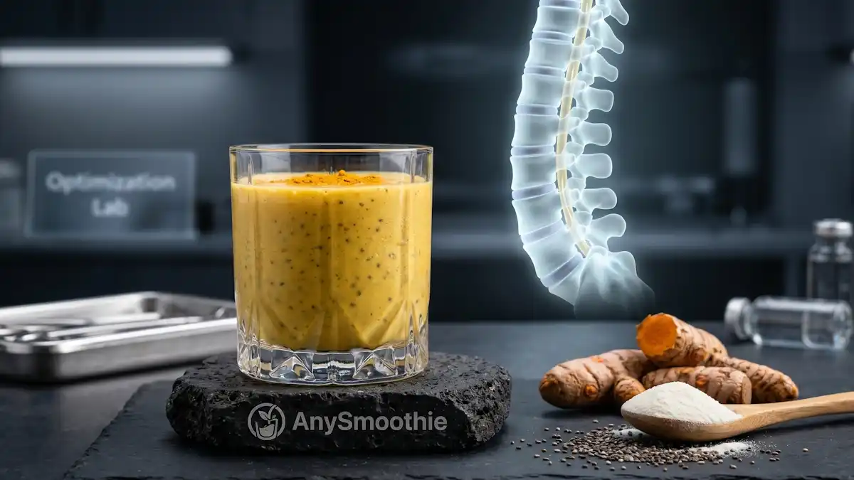 Creamy turmeric and collagen support smoothie for spinal decompression optimization, featuring AnySmoothie logo on volcanic stone and translucent glowing human spine model.