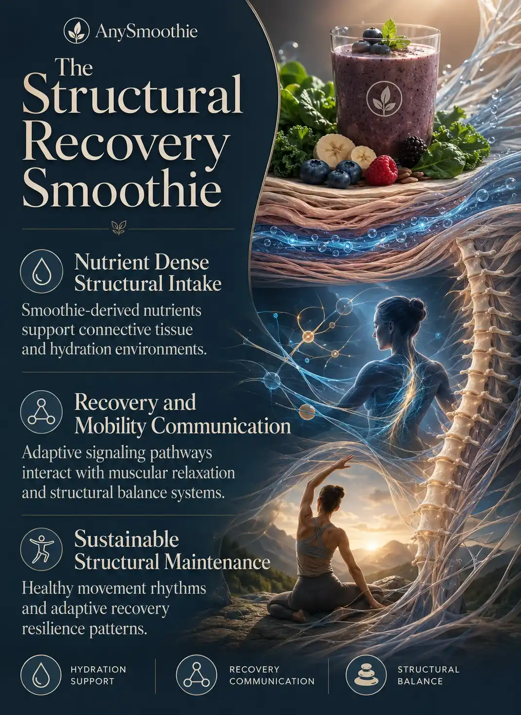 Premium wellness-science infographic for a support smoothie for spinal decompression featuring connective tissue hydration, structural recovery communication pathways, mobility balance systems, and adaptive recovery wellness visuals in a cinematic editorial design.