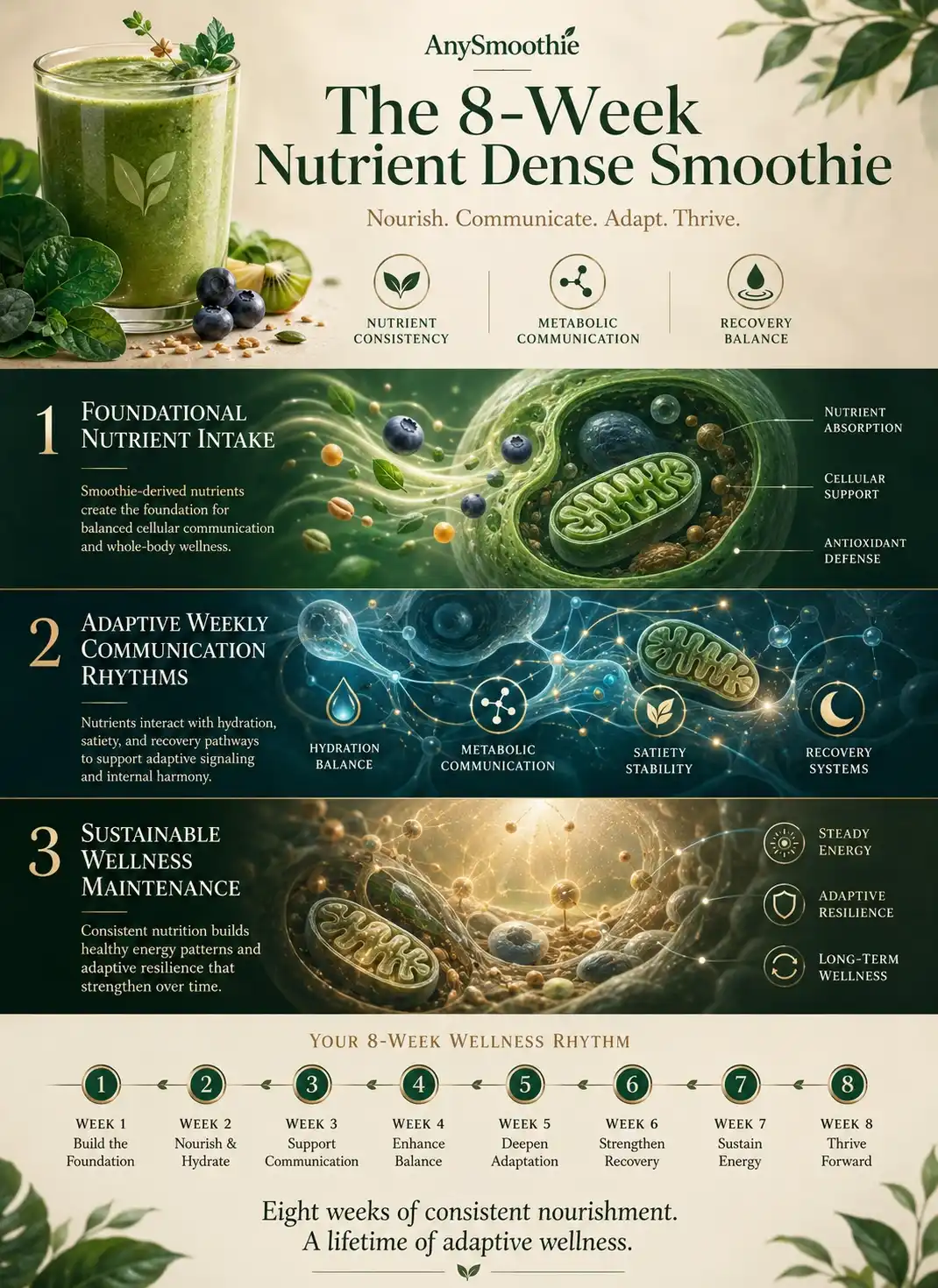 Premium wellness-science infographic for “The 8-Week Nutrient Dense Smoothie Protocol” featuring intracellular-inspired biological visuals, metabolic communication pathways, hydration balance systems, adaptive recovery rhythms, and long-term smoothie wellness consistency across an eight-week nutrition routine.