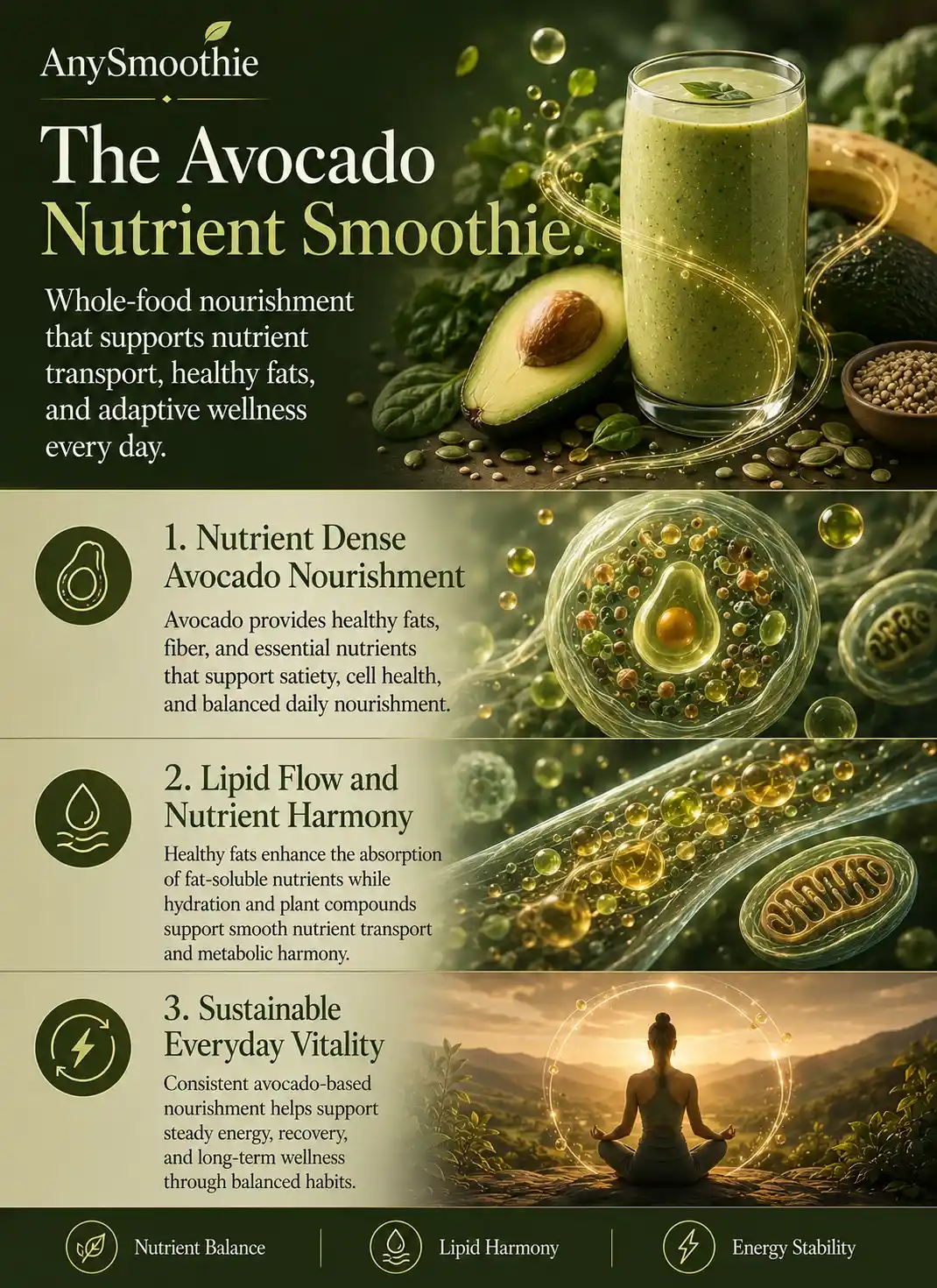 Premium wellness-science infographic titled “The Avocado Nutrient Smoothie” featuring avocado smoothie nutrition patterns, lipid-supported nutrient transport, adaptive metabolic wellness rhythms, satiety balance, and sustainable energy stability with cinematic intracellular-inspired visuals.