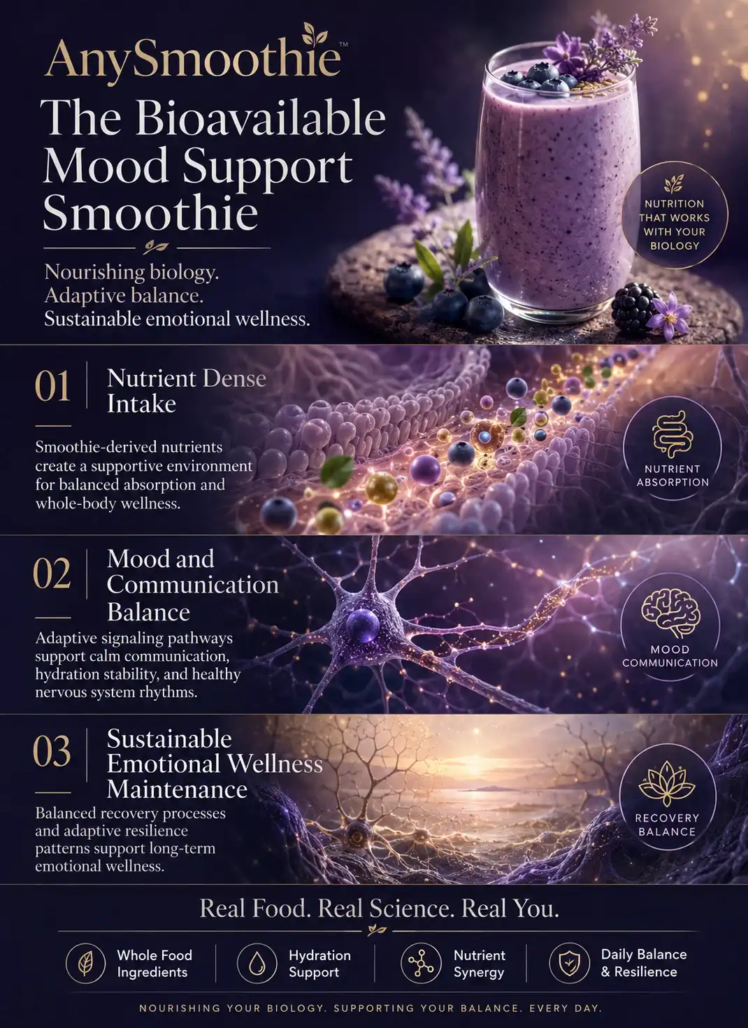 Premium wellness-science infographic for AnySmoothie featuring “The Bioavailable Mood Support Smoothie,” illustrating nutrient absorption, neurotransmitter communication, hydration balance, and sustainable emotional wellness through cinematic neuro-inspired biological visuals and elegant editorial design.