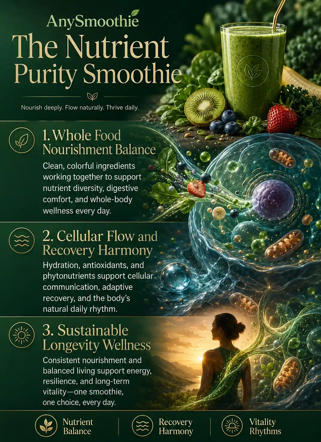 Premium wellness-science infographic titled “The Nutrient Purity Smoothie” illustrating whole food nourishment balance, cellular recovery harmony, and sustainable vitality rhythms through nutrient-dense smoothie wellness patterns, intracellular-inspired biological textures, hydration pathways, and longevity-focused nutritional resilience environments for healthy aging discussions.