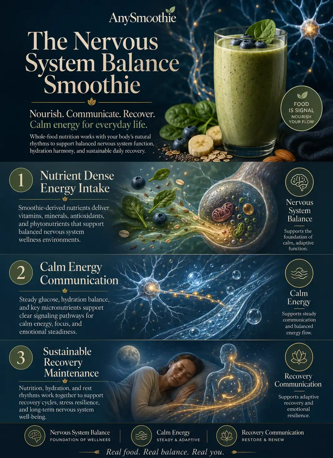 Premium wellness-science infographic titled “The Nervous System Balance Smoothie” illustrating calm energy communication, hydration balance, adaptive recovery rhythms, and nervous system support through nutrient-dense smoothie nutrition in a cinematic neuro-inspired editorial design.
