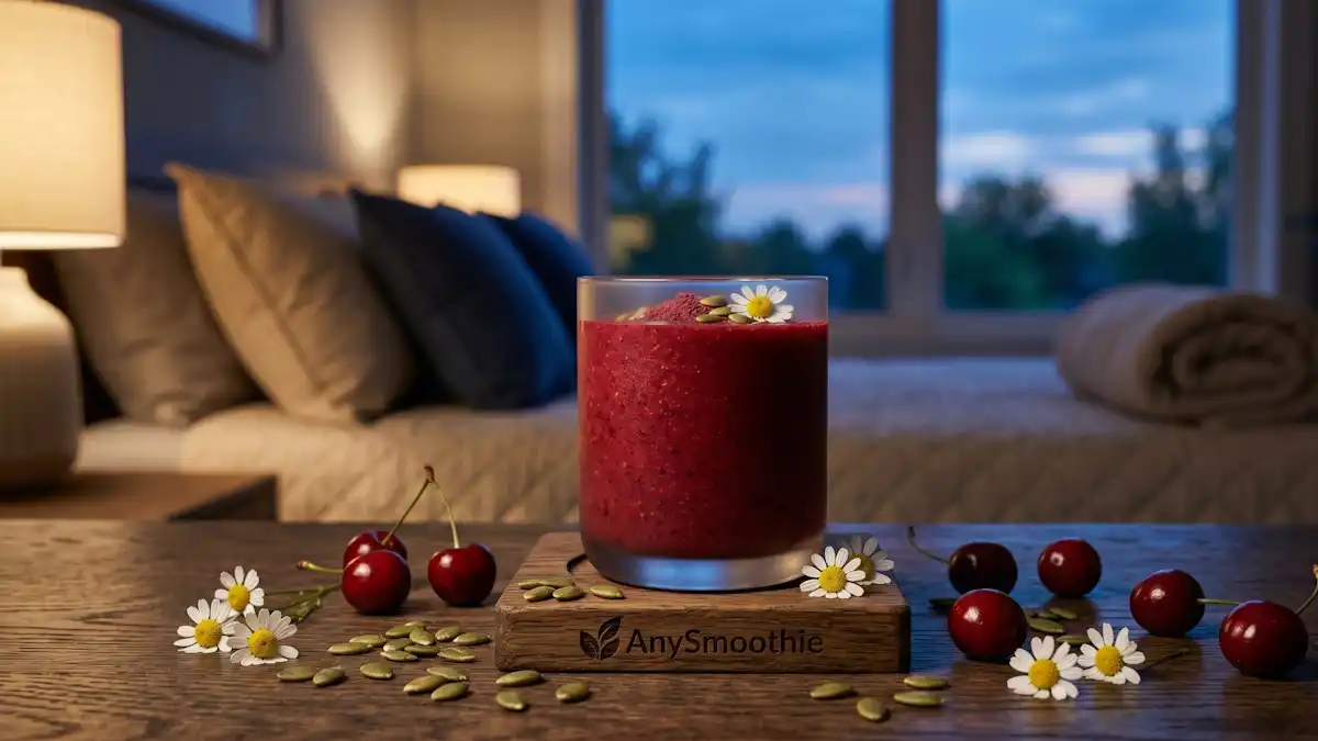 A deep-red tart cherry circadian smoothie in a matte-finish glass on an AnySmoothie dark oak coaster, featuring pumpkin seeds and chamomile flowers in a warm-lit evening bedroom setting.