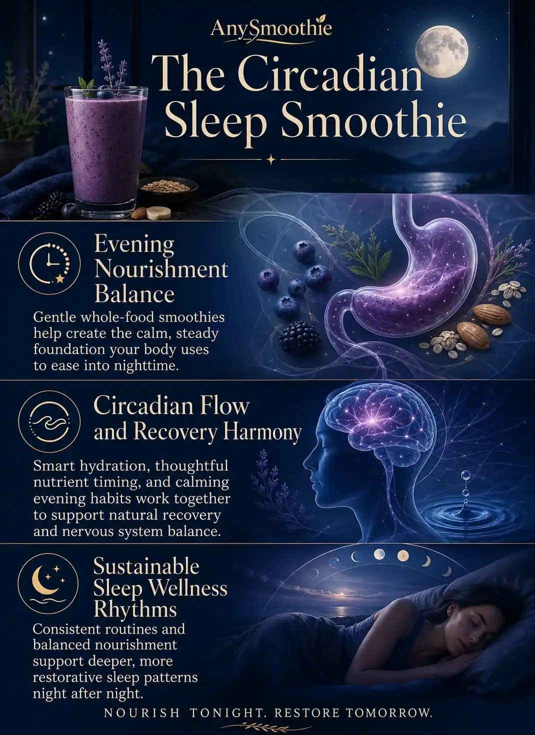 Premium wellness infographic titled “The Circadian Sleep Smoothie” illustrating evening smoothie nutrition, circadian balance, nervous system recovery, and sustainable sleep wellness rhythms with cinematic midnight-blue biological visuals.