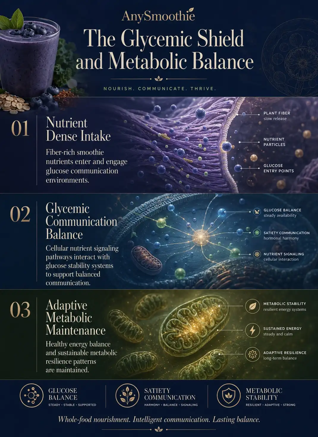 Premium wellness-science infographic titled “The Glycemic Shield and Metabolic Balance” illustrating how the glycemic shield metabolism boost smoothie supports glucose balance, satiety communication, nutrient signaling, and adaptive metabolic stability through fiber-rich smoothie nutrition and cellular wellness pathways.