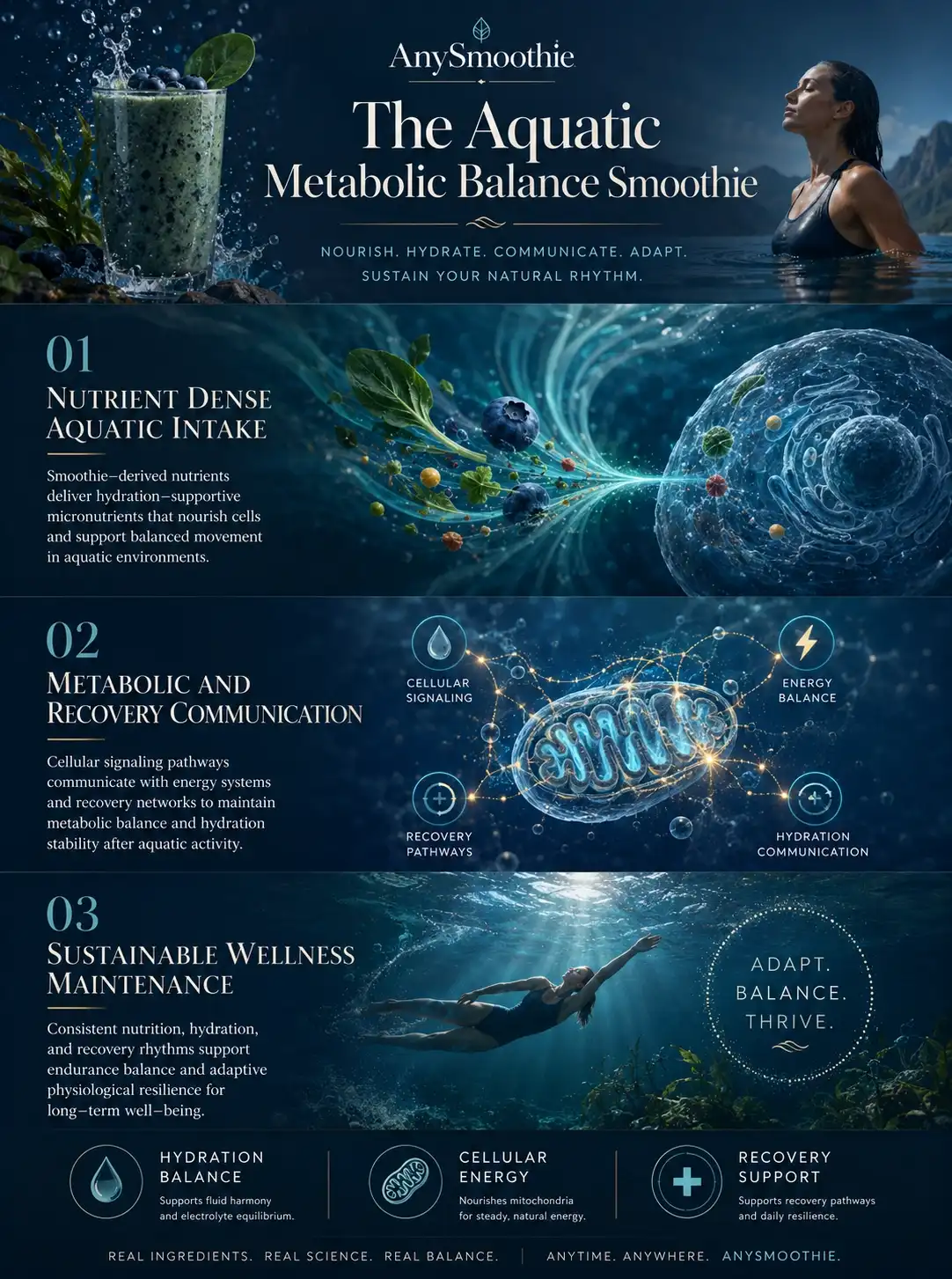 Premium wellness-science infographic for “The Aquatic Metabolic Balance Smoothie” illustrating hydration balance, adaptive metabolic communication, cellular recovery support, and aquatic fitness nutrition patterns with cinematic ocean-inspired biological visuals and elegant editorial typography.