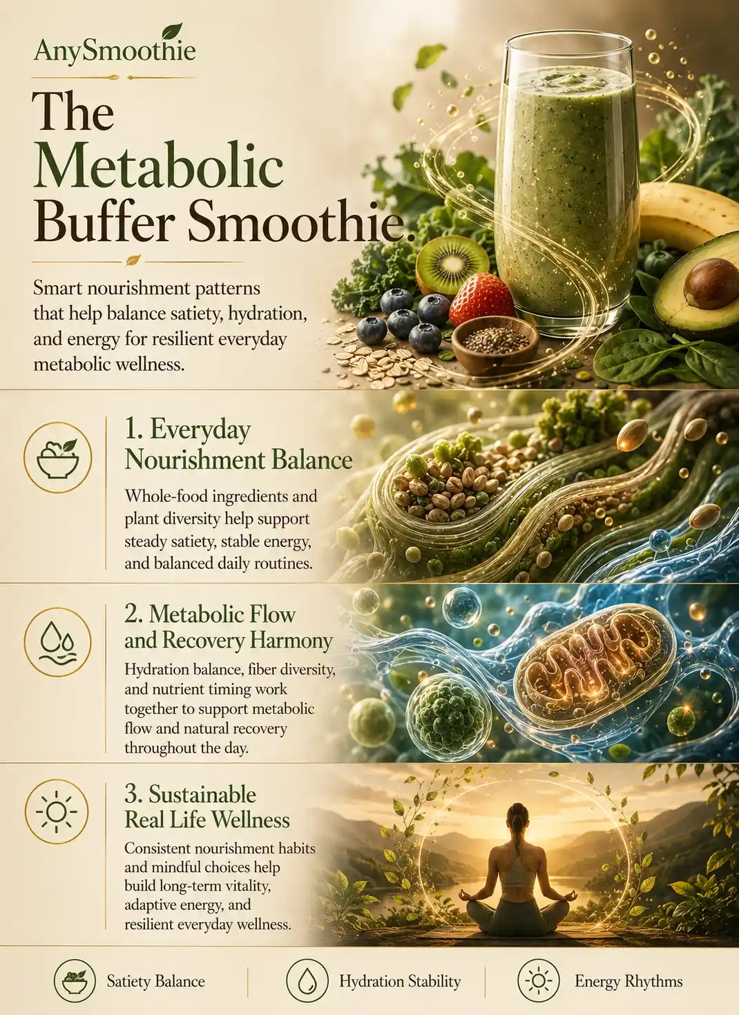 Premium wellness-science infographic titled “The Metabolic Buffer Smoothie” featuring smoothie nutrition patterns supporting satiety balance, hydration stability, adaptive energy rhythms, and sustainable metabolic wellness through cinematic botanical and intracellular-inspired visuals.