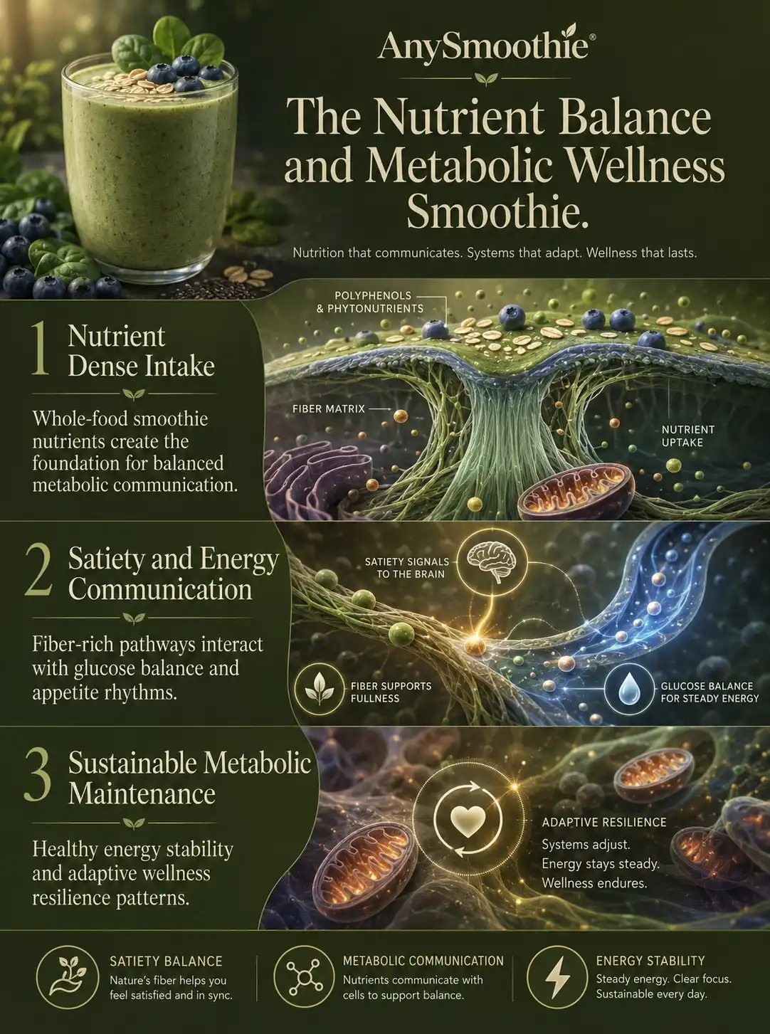 Premium wellness-science infographic for “The Nutrient Balance and Metabolic Wellness Smoothie” illustrating satiety balance, glucose communication pathways, fiber-rich nutrition, and sustainable metabolic wellness through cinematic intracellular biological visuals and elegant editorial design.