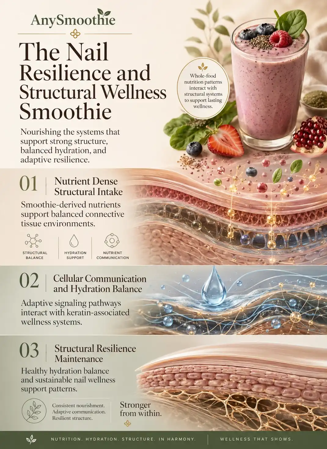 Premium wellness-science infographic titled “The Nail Resilience and Structural Wellness Smoothie” illustrating smoothie-based nutrition patterns supporting keratin-associated structural balance, hydration communication systems, connective tissue wellness, and adaptive nail resilience through cinematic biological environments and elegant editorial design.