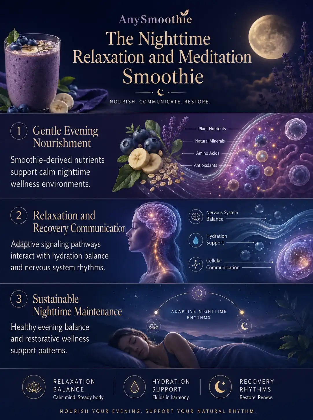 Premium wellness-science infographic for AnySmoothie titled “The Nighttime Relaxation and Meditation Smoothie” featuring calming nighttime nutrition, hydration balance, recovery rhythms, circadian-inspired biological visuals, and elegant midnight-indigo editorial design.
