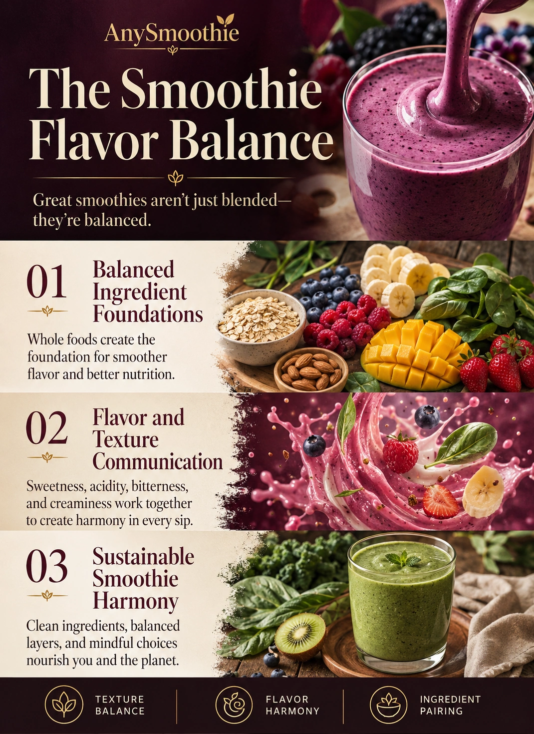 Premium wellness editorial infographic about what not to mix in a smoothie for better taste, showing balanced smoothie ingredients, flavor harmony, texture balance, creamy berry smoothie visuals, and elegant culinary wellness design.