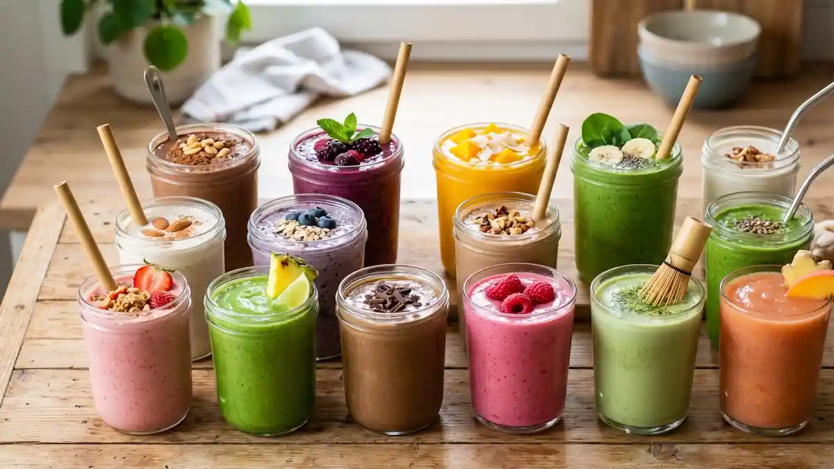 A variety of 12 colorful protein-packed smoothies in glass jars on a rustic wooden table, garnished with fresh fruit, nuts, and bamboo straws.